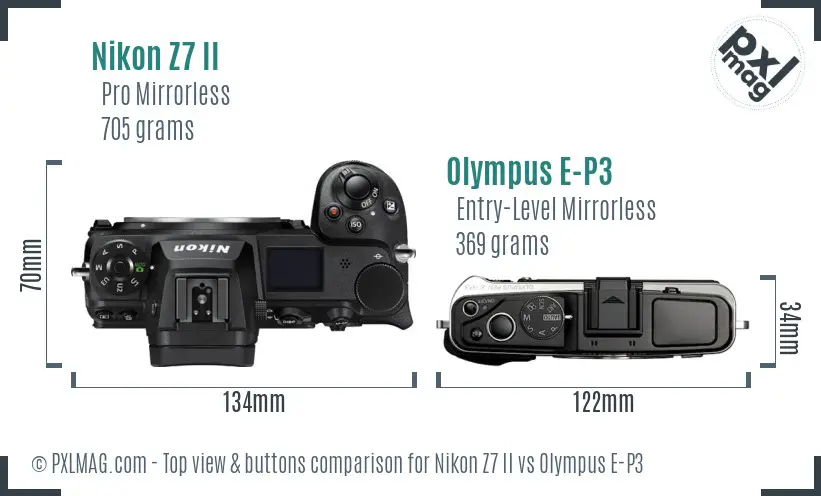 Nikon Z7 II vs Olympus E-P3 top view buttons comparison
