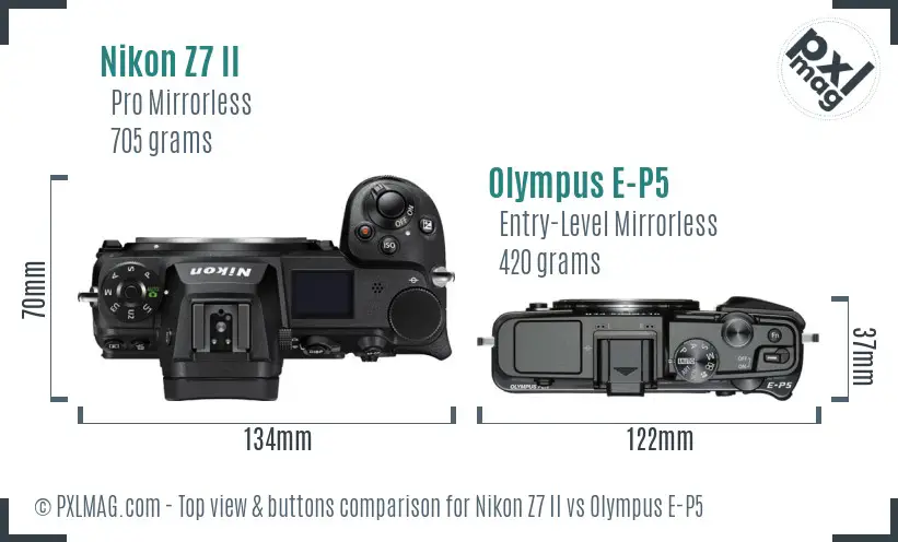 Nikon Z7 II vs Olympus E-P5 top view buttons comparison