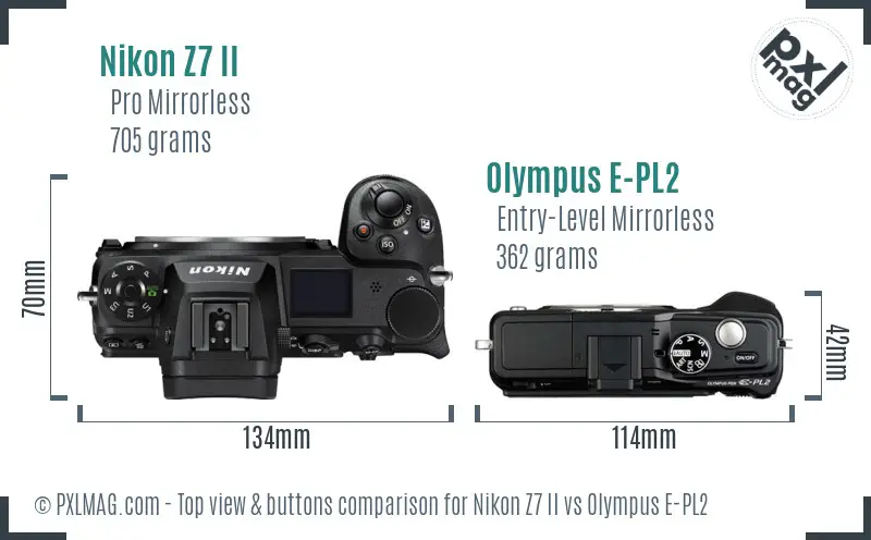 Nikon Z7 II vs Olympus E-PL2 top view buttons comparison