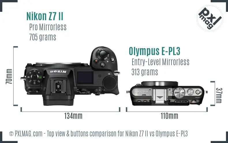 Nikon Z7 II vs Olympus E-PL3 top view buttons comparison