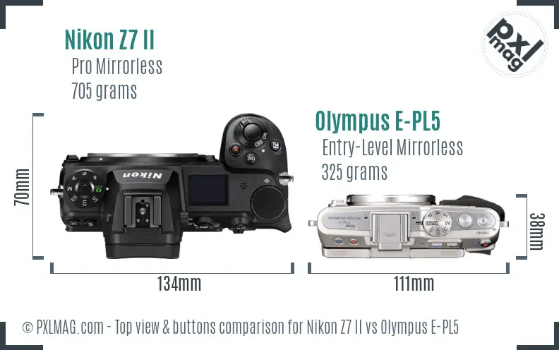 Nikon Z7 II vs Olympus E-PL5 top view buttons comparison