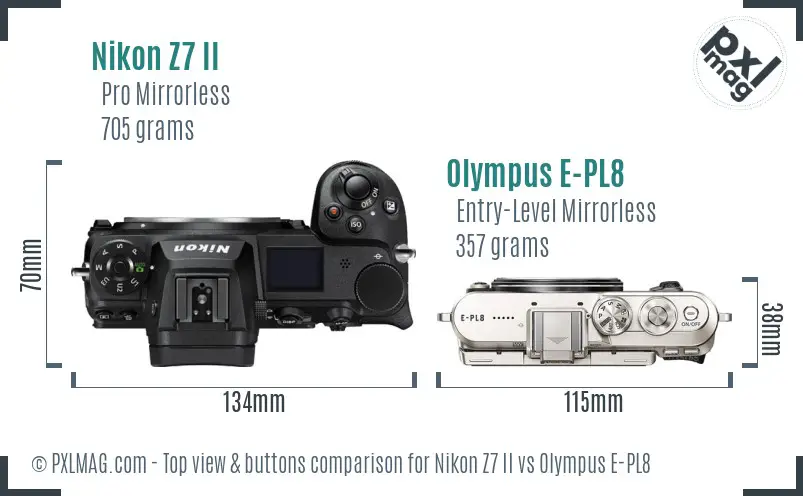 Nikon Z7 II vs Olympus E-PL8 top view buttons comparison