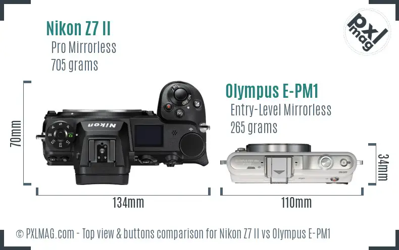 Nikon Z7 II vs Olympus E-PM1 top view buttons comparison