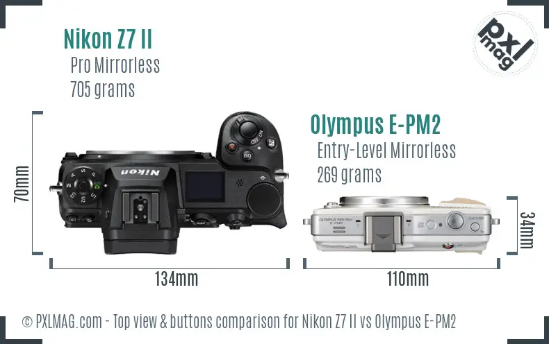 Nikon Z7 II vs Olympus E-PM2 top view buttons comparison