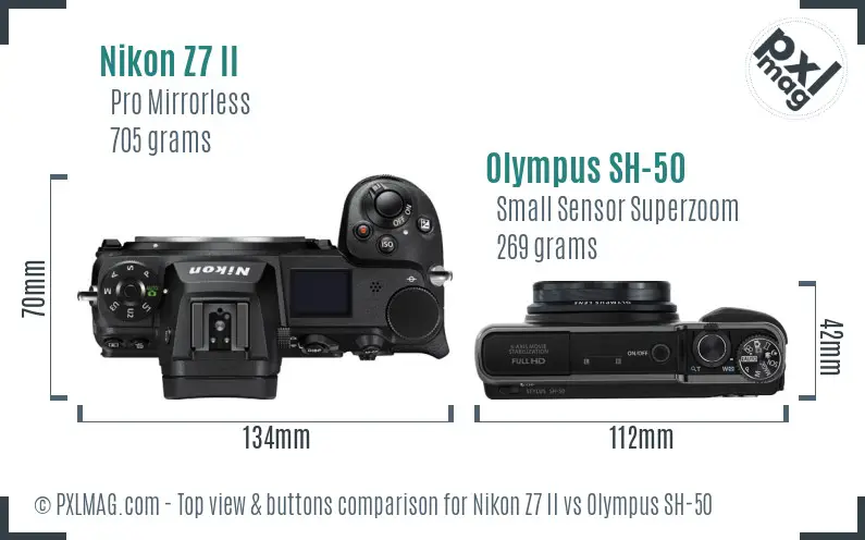 Nikon Z7 II vs Olympus SH-50 top view buttons comparison