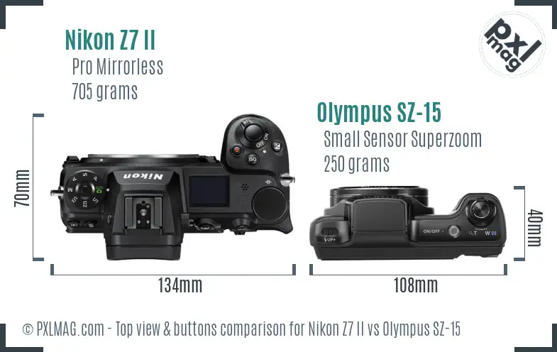 Nikon Z7 II vs Olympus SZ-15 top view buttons comparison