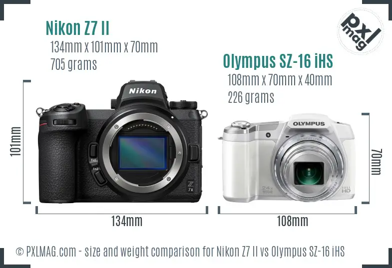 Nikon Z7 II vs Olympus SZ-16 iHS size comparison