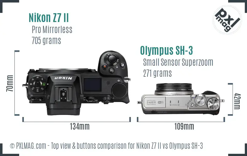 Nikon Z7 II vs Olympus SH-3 top view buttons comparison