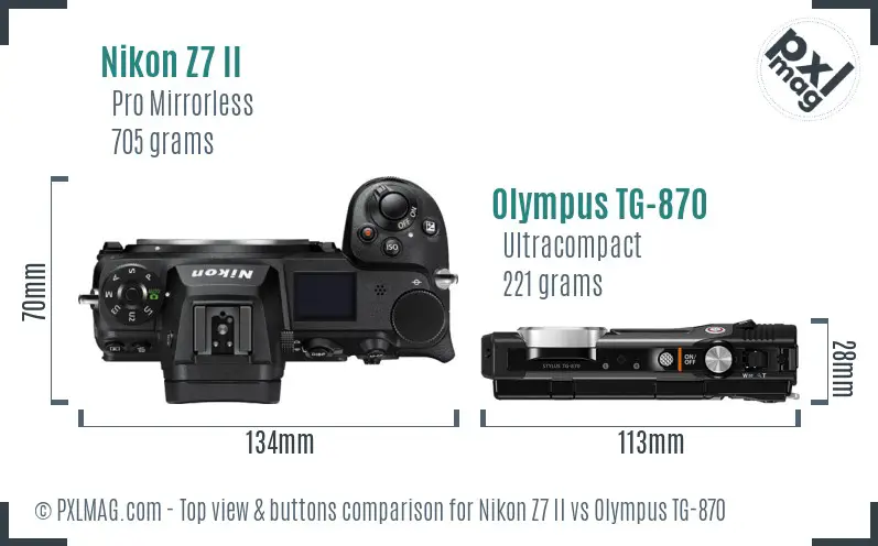 Nikon Z7 II vs Olympus TG-870 top view buttons comparison