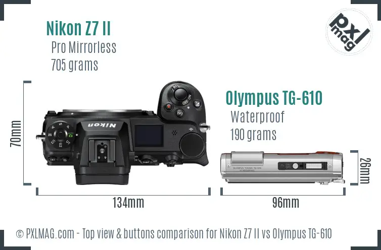 Nikon Z7 II vs Olympus TG-610 top view buttons comparison