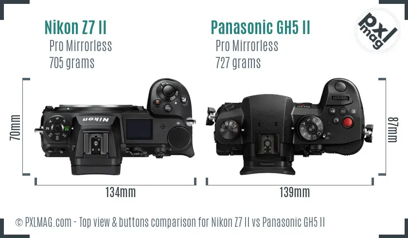 Nikon Z7 II vs Panasonic GH5 II top view buttons comparison