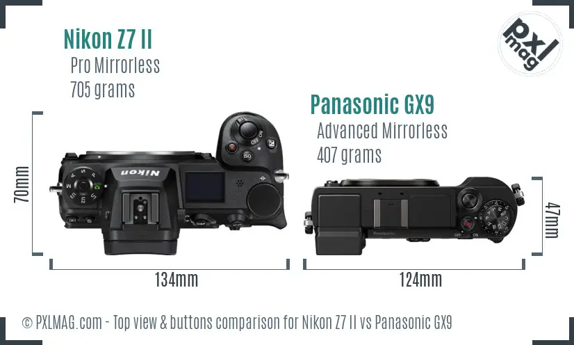Nikon Z7 II vs Panasonic GX9 top view buttons comparison