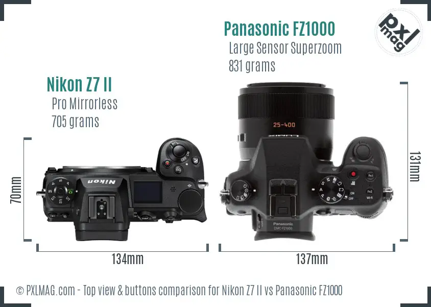 Nikon Z7 II vs Panasonic FZ1000 top view buttons comparison