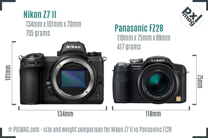 Nikon Z7 II vs Panasonic FZ28 size comparison