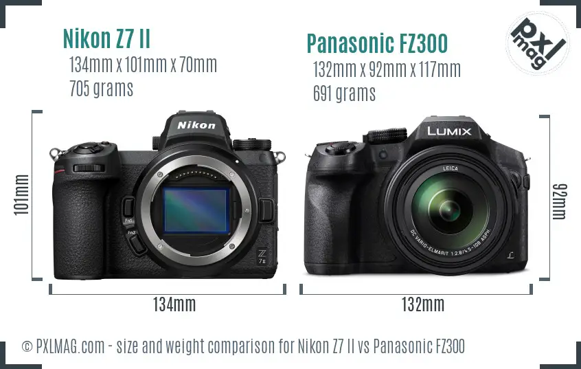 Nikon Z7 II vs Panasonic FZ300 size comparison