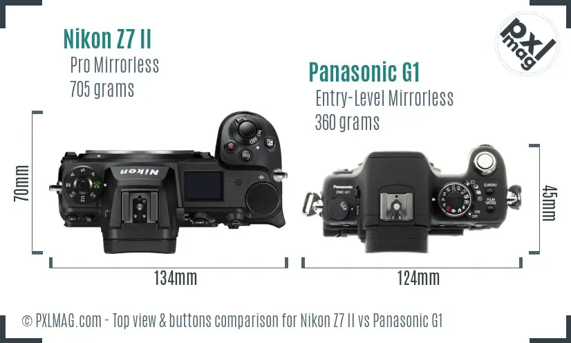 Nikon Z7 II vs Panasonic G1 top view buttons comparison