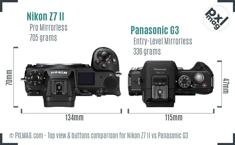 Nikon Z7 II vs Panasonic G3 top view buttons comparison