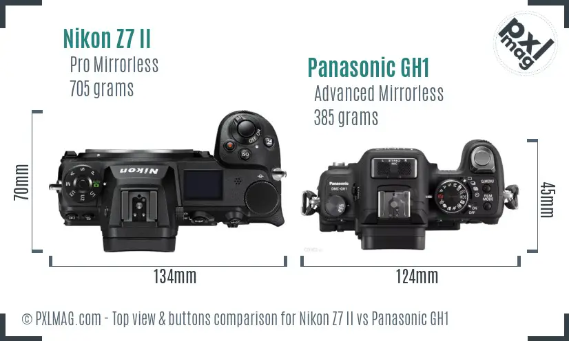 Nikon Z7 II vs Panasonic GH1 top view buttons comparison