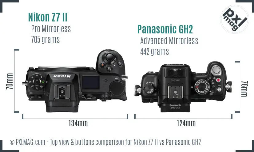 Nikon Z7 II vs Panasonic GH2 top view buttons comparison