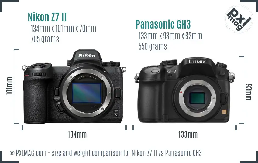 Nikon Z7 II vs Panasonic GH3 size comparison