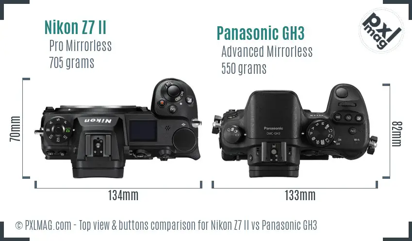 Nikon Z7 II vs Panasonic GH3 top view buttons comparison