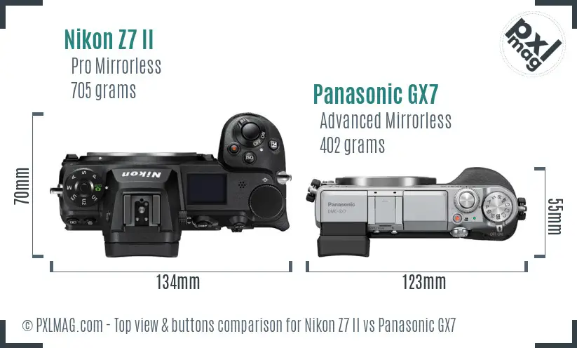 Nikon Z7 II vs Panasonic GX7 top view buttons comparison