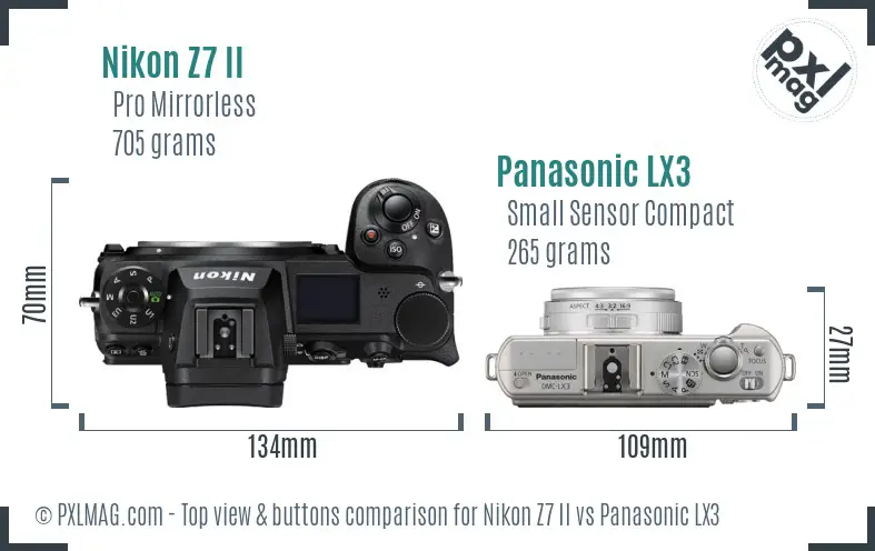 Nikon Z7 II vs Panasonic LX3 top view buttons comparison