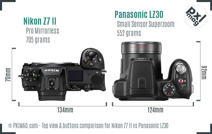 Nikon Z7 II vs Panasonic LZ30 top view buttons comparison