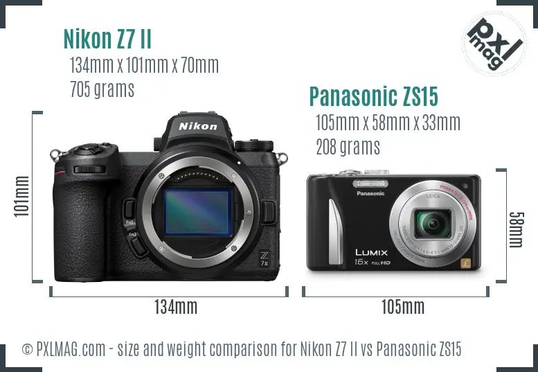 Nikon Z7 II vs Panasonic ZS15 size comparison