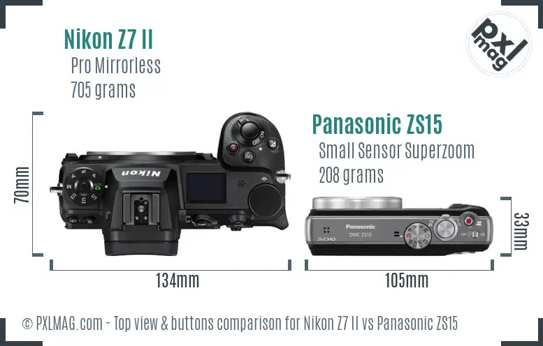 Nikon Z7 II vs Panasonic ZS15 top view buttons comparison
