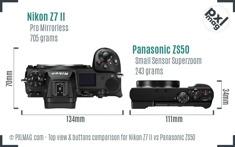 Nikon Z7 II vs Panasonic ZS50 top view buttons comparison
