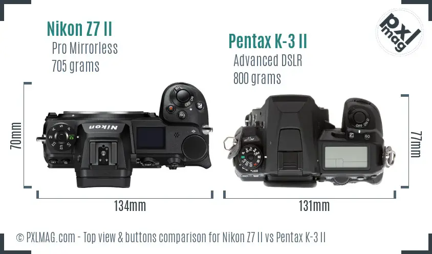 Nikon Z7 II vs Pentax K-3 II top view buttons comparison