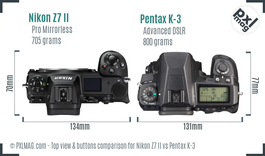 Nikon Z7 II vs Pentax K-3 top view buttons comparison