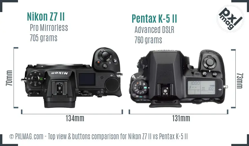 Nikon Z7 II vs Pentax K-5 II top view buttons comparison