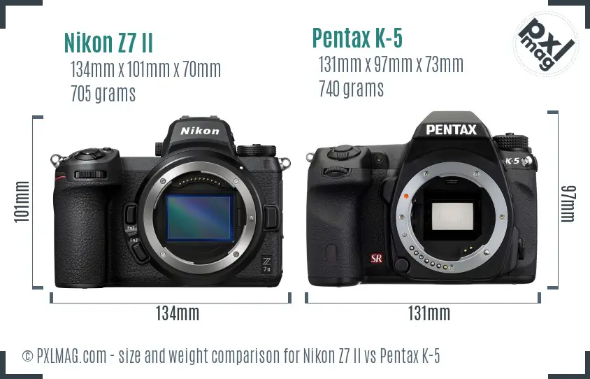 Nikon Z7 II vs Pentax K-5 size comparison