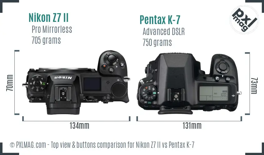 Nikon Z7 II vs Pentax K-7 top view buttons comparison
