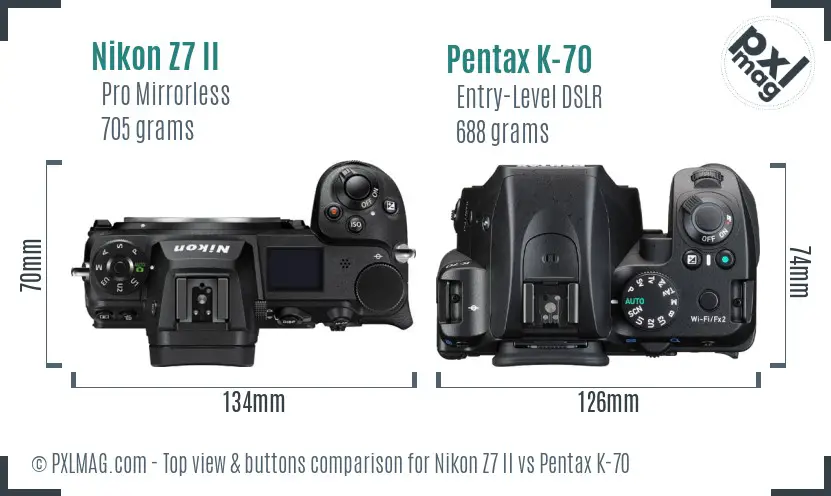Nikon Z7 II vs Pentax K-70 top view buttons comparison