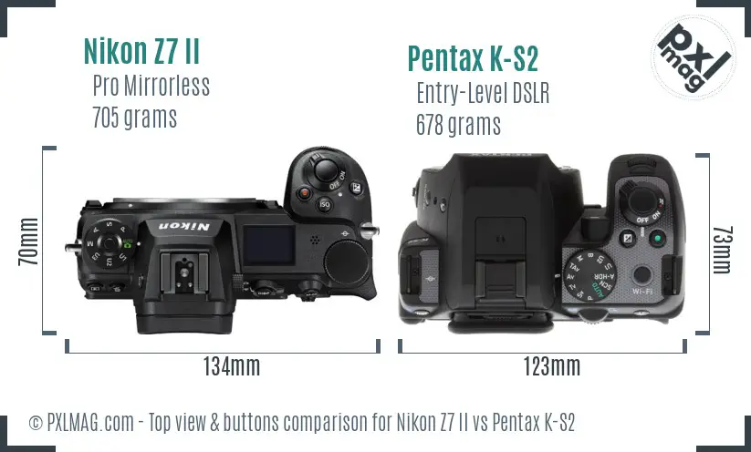 Nikon Z7 II vs Pentax K-S2 top view buttons comparison