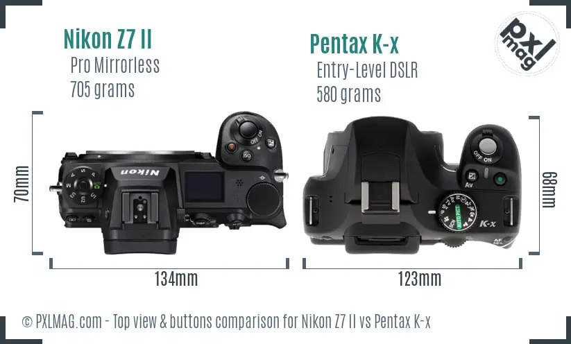 Nikon Z7 II vs Pentax K-x top view buttons comparison
