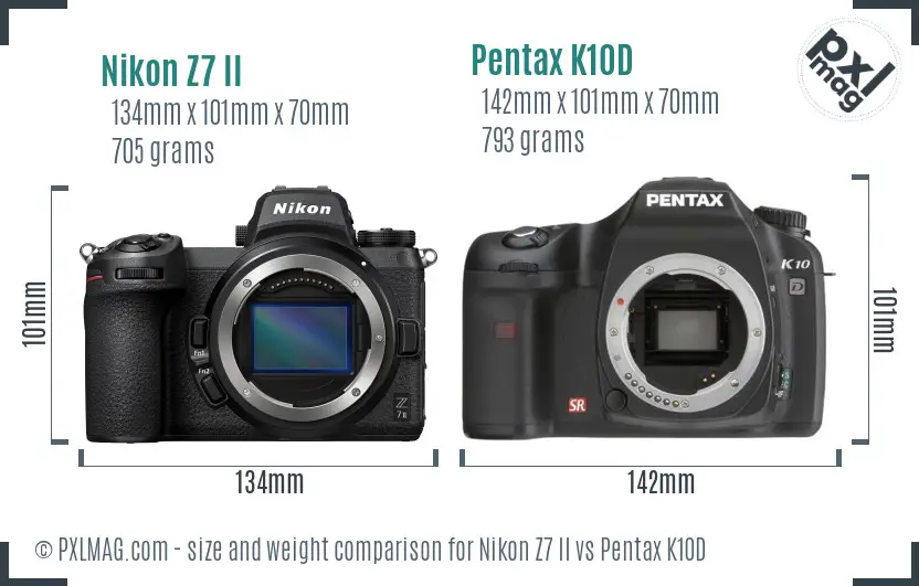 Nikon Z7 II vs Pentax K10D size comparison