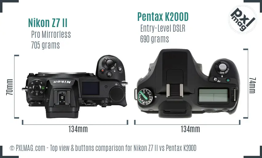 Nikon Z7 II vs Pentax K200D top view buttons comparison