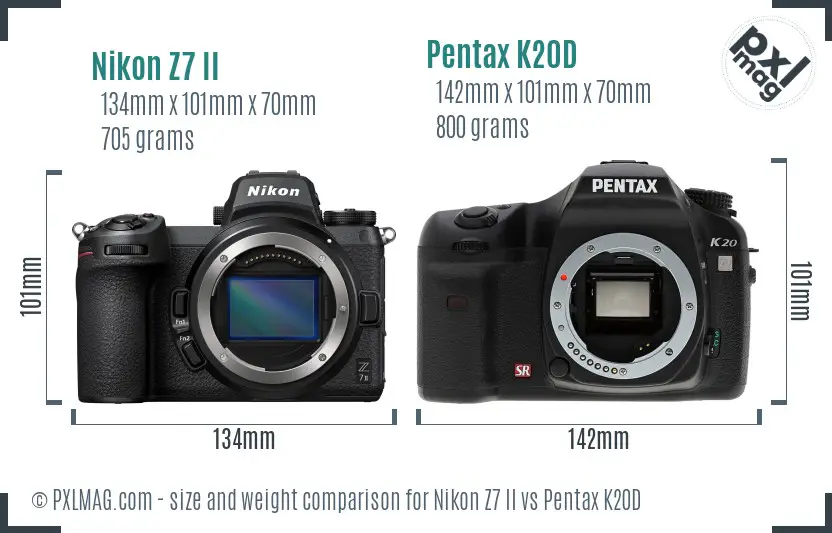 Nikon Z7 II vs Pentax K20D size comparison