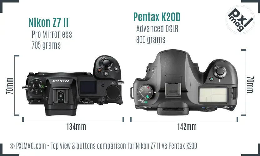 Nikon Z7 II vs Pentax K20D top view buttons comparison