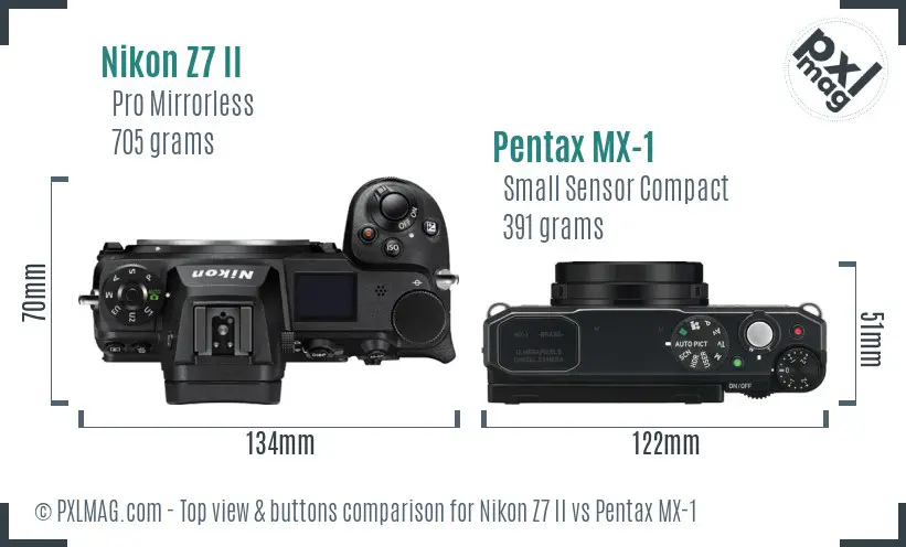 Nikon Z7 II vs Pentax MX-1 top view buttons comparison