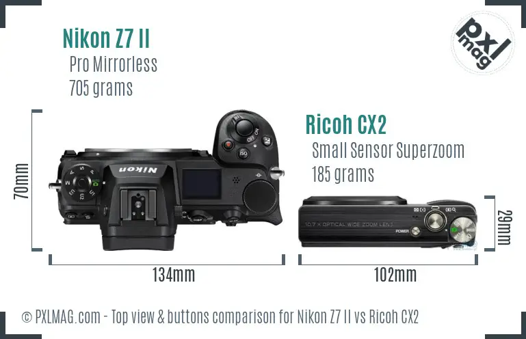 Nikon Z7 II vs Ricoh CX2 top view buttons comparison