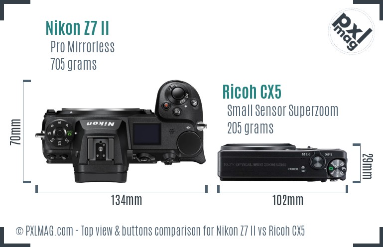 Nikon Z7 II vs Ricoh CX5 top view buttons comparison