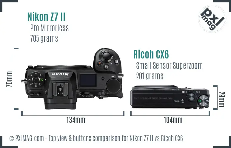 Nikon Z7 II vs Ricoh CX6 top view buttons comparison