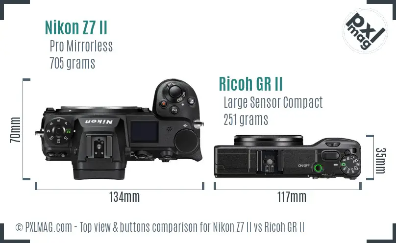 Nikon Z7 II vs Ricoh GR II top view buttons comparison Nikon Z7 II vs Ricoh GR II top view buttons comparison