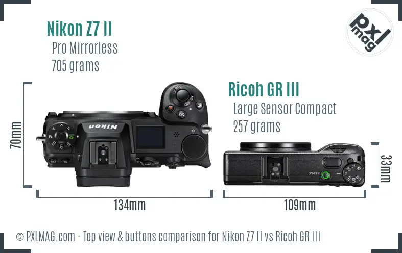Nikon Z7 II vs Ricoh GR III top view buttons comparison Nikon Z7 II vs Ricoh GR III top view buttons comparison