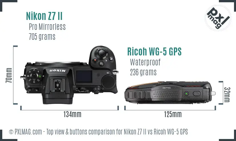 Nikon Z7 II vs Ricoh WG-5 GPS top view buttons comparison Nikon Z7 II vs Ricoh WG-5 GPS top view buttons comparison